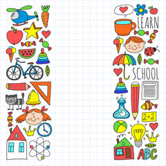 Back to School vector doodle set. Supplies for sport, art, reading, science, geography, biology, physics, mathematics, astronomy, chemistry.