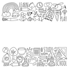 Back to School vector doodle set. Supplies for sport, art, reading, science, geography, biology, physics, mathematics, astronomy, chemistry.