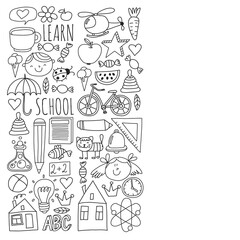 Back to School vector doodle set. Supplies for sport, art, reading, science, geography, biology, physics, mathematics, astronomy, chemistry.