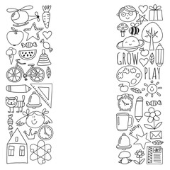 Back to School vector doodle set. Supplies for sport, art, reading, science, geography, biology, physics, mathematics, astronomy, chemistry.