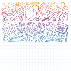 Back to School vector doodle set. Supplies for sport, art, reading, science, geography, biology, physics, mathematics, astronomy, chemistry.