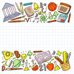 Back to School vector doodle set. Supplies for sport, art, reading, science, geography, biology, physics, mathematics, astronomy, chemistry.