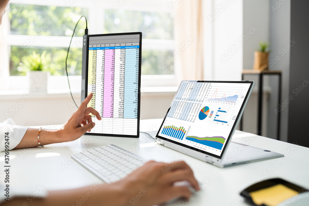 Poster analyst employee working with spreadsheet report