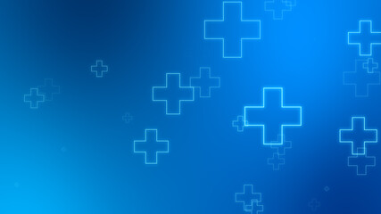 Medical health blue cross neon light shapes pattern background. Abstract healthcare technology and science concept.