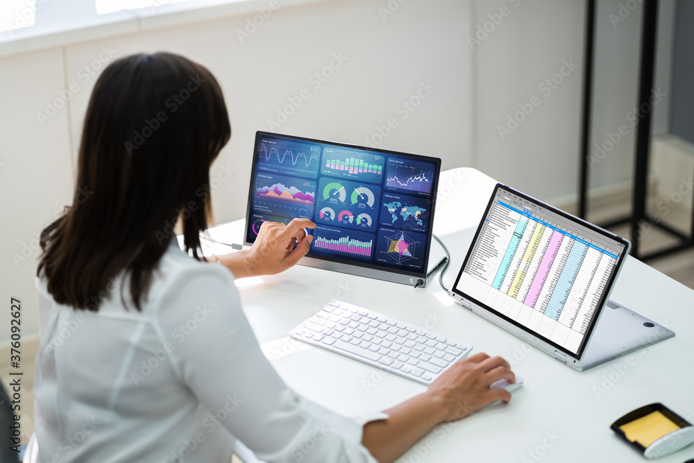 Poster analyst employee working with spreadsheet report