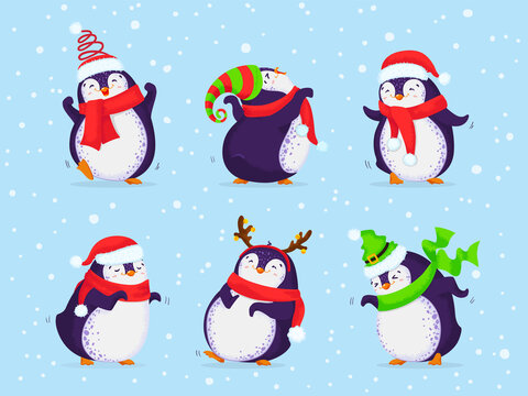 Hand drawn funny dancing birds. Cute penguins set. Merry Christmas greetings.