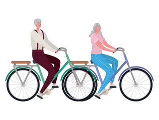 Senior woman and man riding bike vector design