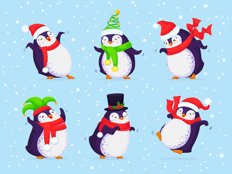 Set of cute dancing penguins on blue background.