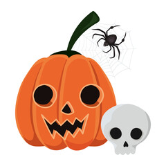 Halloween pumpkin skull and spider cartoons vector design