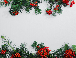 Fototapeta na wymiar christmas background with fir branches, red mountain ash and cones. New Year's composition. Christmas background top view on white background. Place for your text