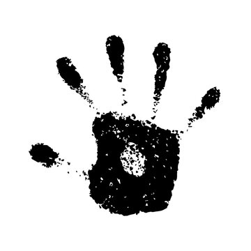 Handprint. Happy hand print. Black silhouette paint handprint isolated on white background. Art design. Imprint stamp palm. Track hand. Trace human. Vector illustration