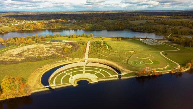 Autumn Aerial Landscape Over the Garden of Destiny in Koknese, Open-air Park "Liktendarzs". Monumental Architectural Ensemble on the Daugava Island in Koknese. Golden Autumn Season in Latvia.