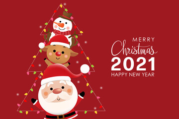 Fototapeta na wymiar santa mesh_21Merry Christmas and happy new year with cute Santa Claus, reindeer and snowman. Holidays cartoon character vector.