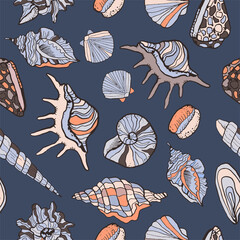 Vector seamless texture of sea shells icon.Vector colorful background.Marine illustration with collection of sea stones and shellfish designs.Printable decorative wallpaper,fabric with satchels,shells