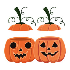 Halloween two pumpkins cartoons with covers vector design