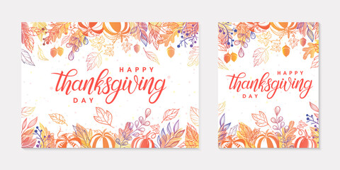 Thanksgiving postes with leaves and floral elements in fall colors.Greetings cards perfect for prints; flyers; banners; invitations.Trendy fall designs.Vector autumn illustrations