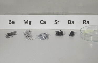 Arrangement with the elements of the second main groupof the periodic system. From left: beryllium, Magnesium, Calcium, Strontium, Barium, and Radium represented with a compound.