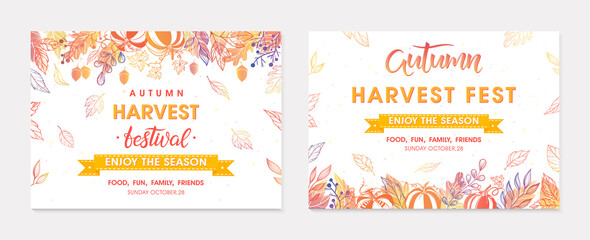 Autumn seasonals postes with leaves and floral elements in fall colors.Greetings and harvest fest banners perfect for prints,flyers,banners,invitations.Trendy fall designs.Vector autumn illustrations