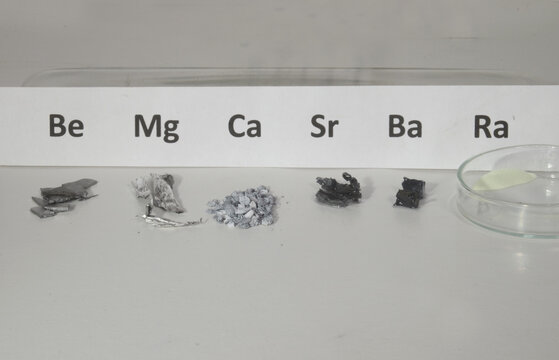 Arrangement with the elements of the second main groupof the periodic system. From left: beryllium, Magnesium, Calcium, Strontium, Barium, and Radium represented with a compound.
