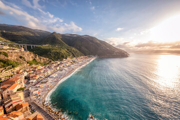 The Scilla point panorama, where Calabria and Sicily Region are nearest (names Stretto di Messina). Southern Italy, Mediterranean Sea. Color image.