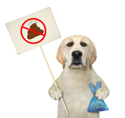 A dog holds a blue plastic bag with poop and a prohibition sign that says clean up after pets....