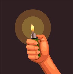 hand hold burning lighter in the dark. concept in realistic cartoon illustration vector