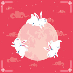 mid autumn festival poster with rabbits around the moon