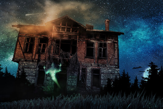 halloween creepy haunted old house in night, scary landscape