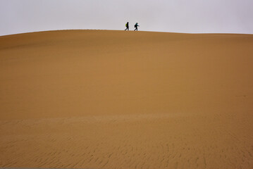 Fototapeta na wymiar Two hikers cresting a dune in the Namib Desert because it is the easiest place to walk