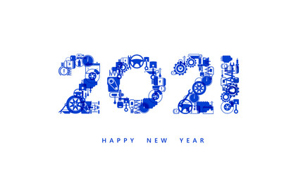 Vector Happy New Year 2021  text design with auto maintenance parts for car mechanic service concept isolated on white background.