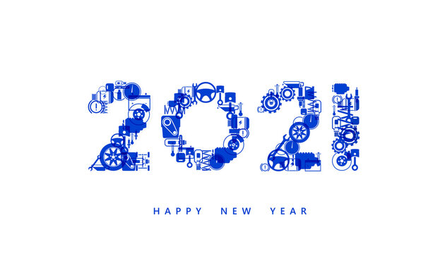 Vector Happy New Year 2021  text design with auto maintenance parts for car mechanic service concept isolated on white background.