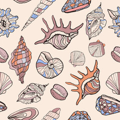 Vector pattern with seashells on a light background. Sketch style seashells with color. Background for menu, fish restaurant design, hotel spa, surfing boards. Printing on fabric, paper for packaging