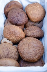 Lots of loaves of bread together. Brown bread background.
