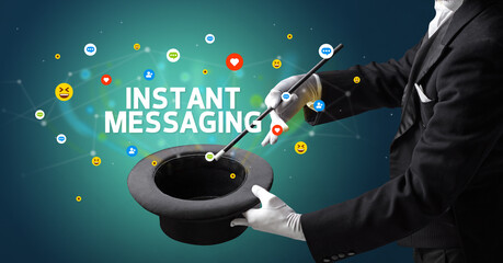 Magician is showing magic trick with INSTANT MESSAGING inscription, social media marketing concept