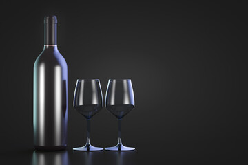 A bottle of wine and two glasses. Dark theme. Copy space.