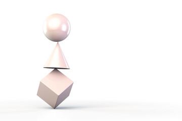 Geometric shapes balance on top of each other. Copy space. White background.