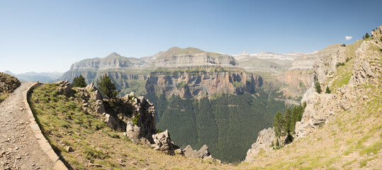 Ordesa Valley in the Pyrenees with mountains in the background.