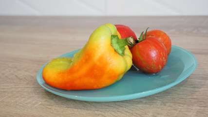 Tomato and pepper on a blue plate on a light background on the kitchen. Freshly washed vegetables with water drops