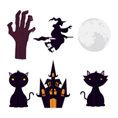 happy halloween card with bundle of set icons