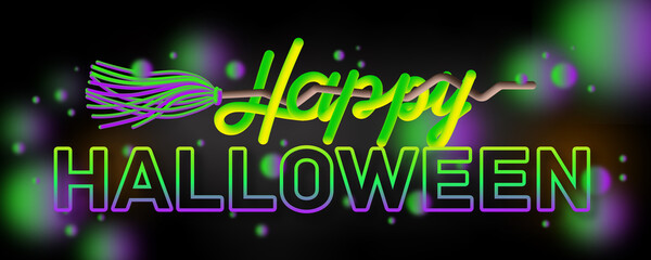 Happy halloween neon green purpul colors with broom