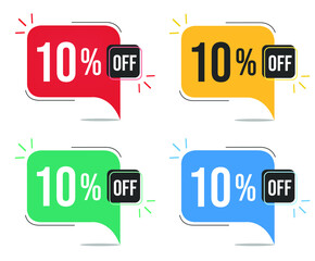 10% off. Red, yellow, green and blue tags with ten percent discount. Banner with four colorful balloons with special offers vector.