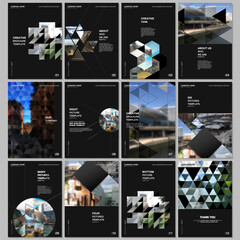 A4 brochure layout of covers design template with triangles, triangular pattern for flyer leaflet, A4 brochure design, report, presentation, magazine cover, book design.Background with place for photo - obrazy, fototapety, plakaty