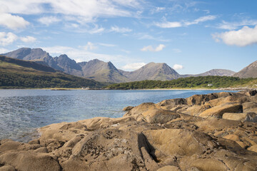 Scenic view of Bla Bheinn mountain (also known as Blaven) in Black Cuillin ridge seen from Camas...