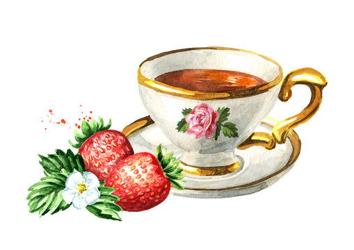 Cup of tea with Strawberry. Hand drawn watercolor illustration isolated on white background