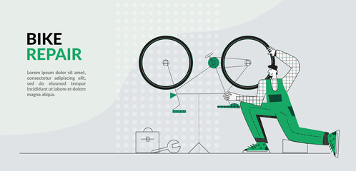 Serviceman repairing a bicycle in bike workshop. Bike repair service concept. Flat vector illustration with  character. Web graphics, banners, advertisements, business templates, app