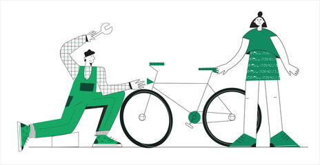 Bike repair service concept. Serviceman repairing a bicycle in bike workshop.  Repair master with a tool. Flat vector illustration with character isolated on white. Web graphics, banners, app