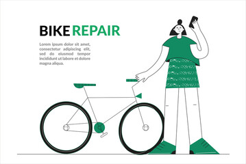 Bike repair service concept. The girl calls the master to repair bicycles. Broken wheel. Flat vector illustration with character for web graphics, templates, banners, mobile app. Isolated on white