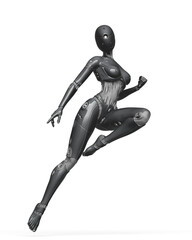 gynoid is the super fembot is doing a comic action pose in white background