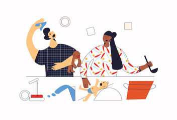 Parents frustration concept. Problems of young multicultural family.  Tired mom, dad and crying twin babies.  Difficult parenting flat vector cartoon illustration isolated on white background