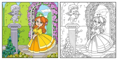 Color cute princess  near statue of a cupid archer standing on column entwined with ivy in the park color and outlined for coloring